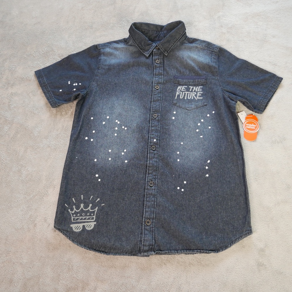 Wonder Nation Be The Future Denim Paint Splattered Shirt Big Boy XXL (18) Casual